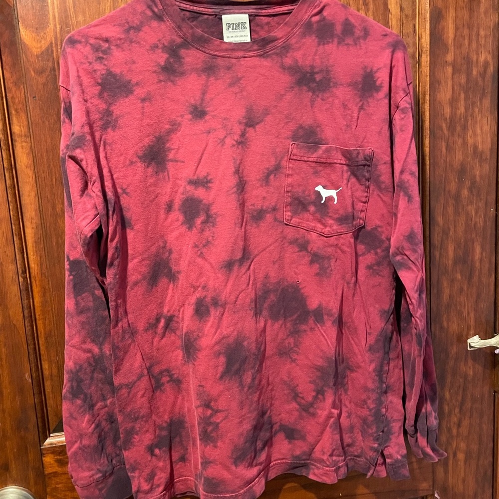 Victorias Secret “PINK” - Red Tie-Dye Long Sleeve Women’s XS Shirt Dog logo